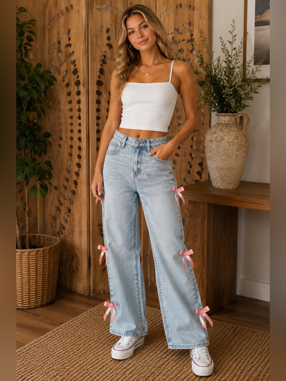 Light Wash Bow Detail Wide Leg Jeans | Measure 2/4
